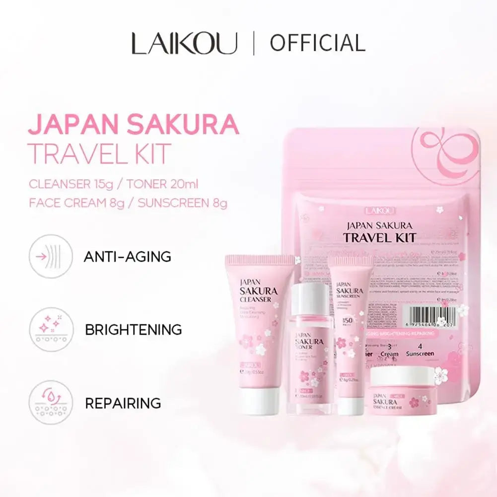 Pink japan sakura travel set with face cream featuring cherry blossom design and clear product labeling for women
