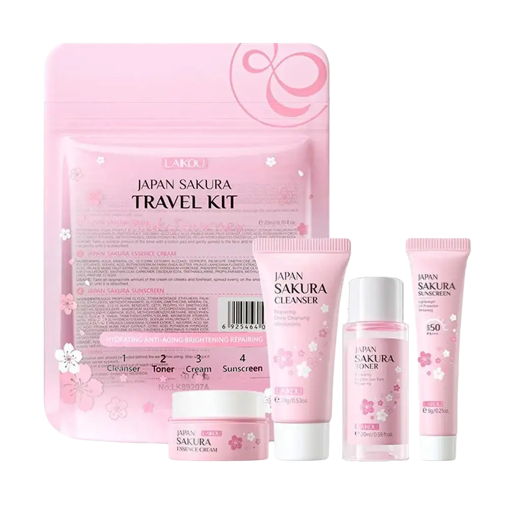 Pink japan sakura travel kit with cherry blossom design featuring multiple pink face cream skincare products for women