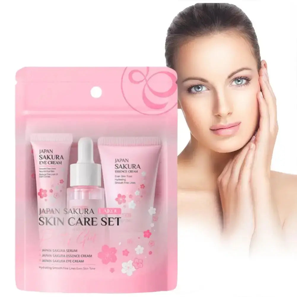 Pink packaged japan sakura face cream travel set for women featuring three cherry blossom designed skincare products