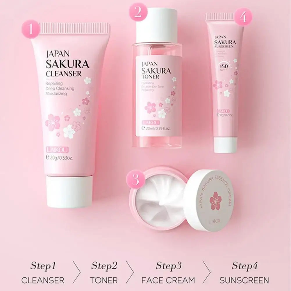 Face cream sakura skincare travel set for women with pink translucent floral tubes including cleanser toner cream and sunscreen