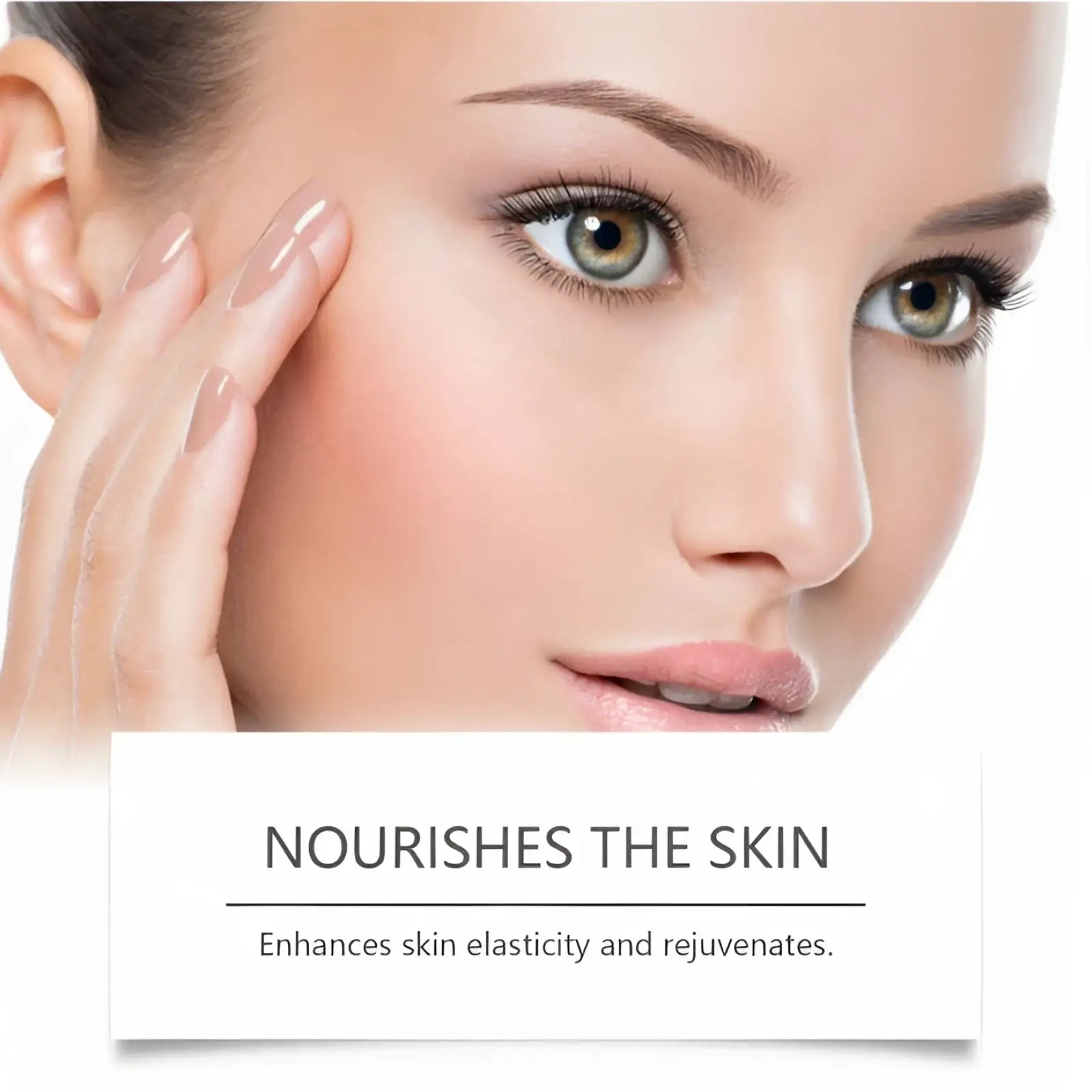 A close-up of a woman with smooth radiant skin and light brown eyes using face firming cream with vitamin C and collagen