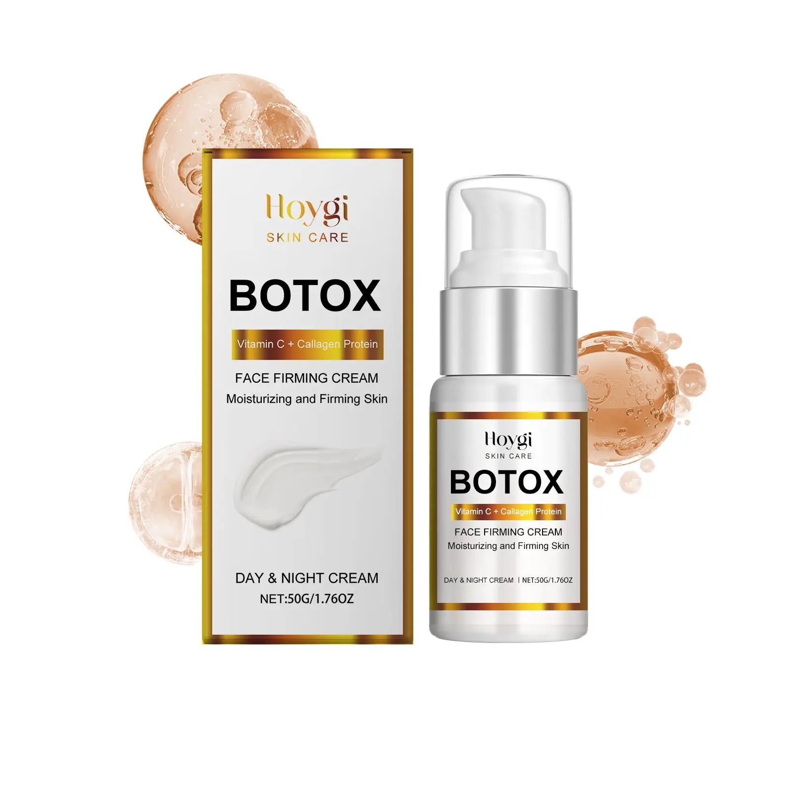 Hoygi botox face firming cream with vitamin c and collagen in a white and silver pump bottle with gold accents next to its box