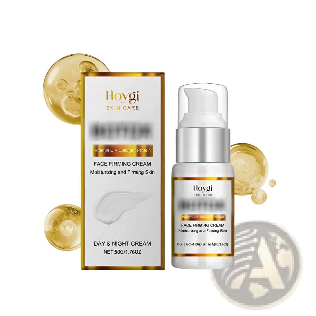 Hoygi face firming cream with vitamin c and collagen in a white bottle with silver pump and gold-accented label beside box