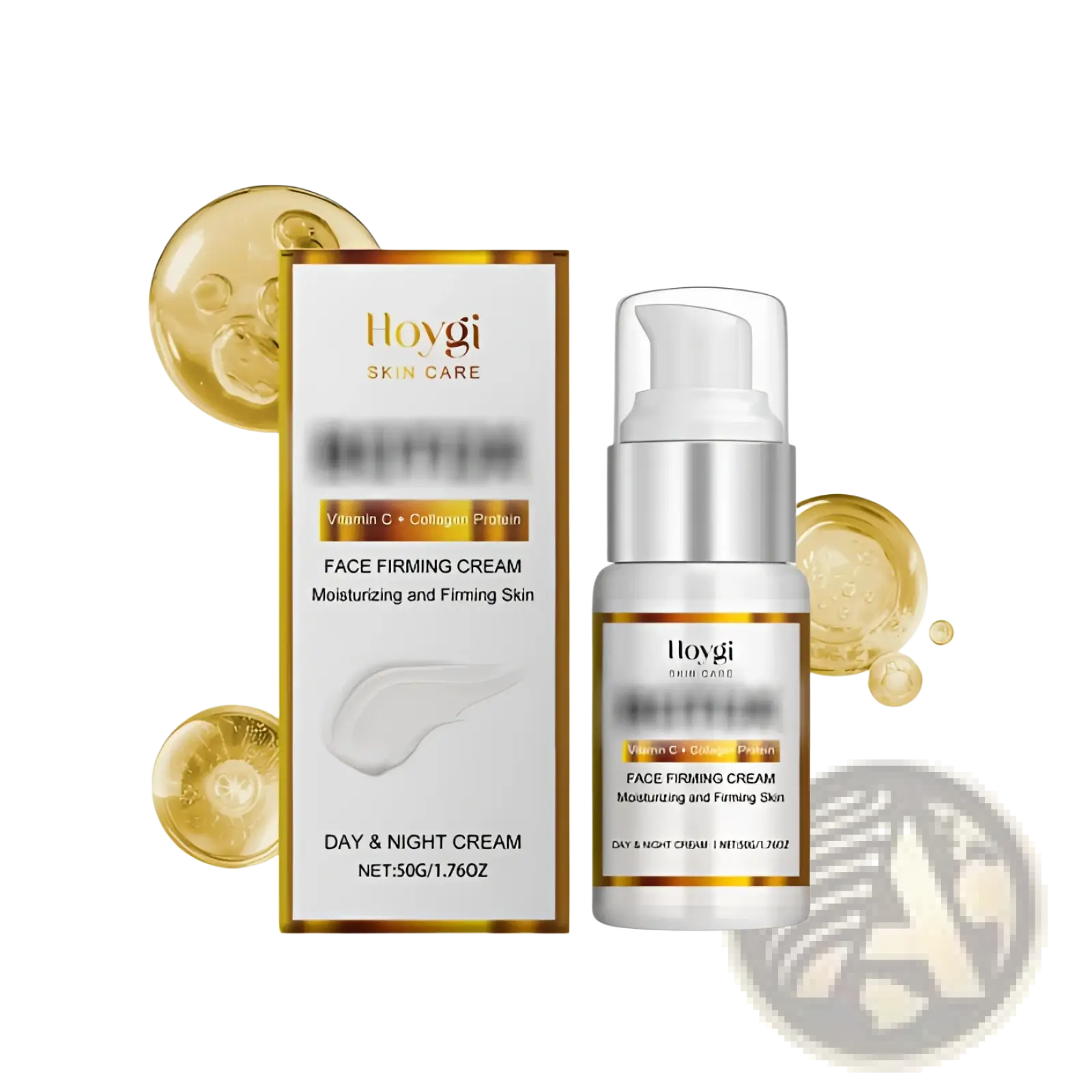 Hoygi face firming cream with vitamin c and collagen in a white bottle with silver pump and gold-accented label beside box