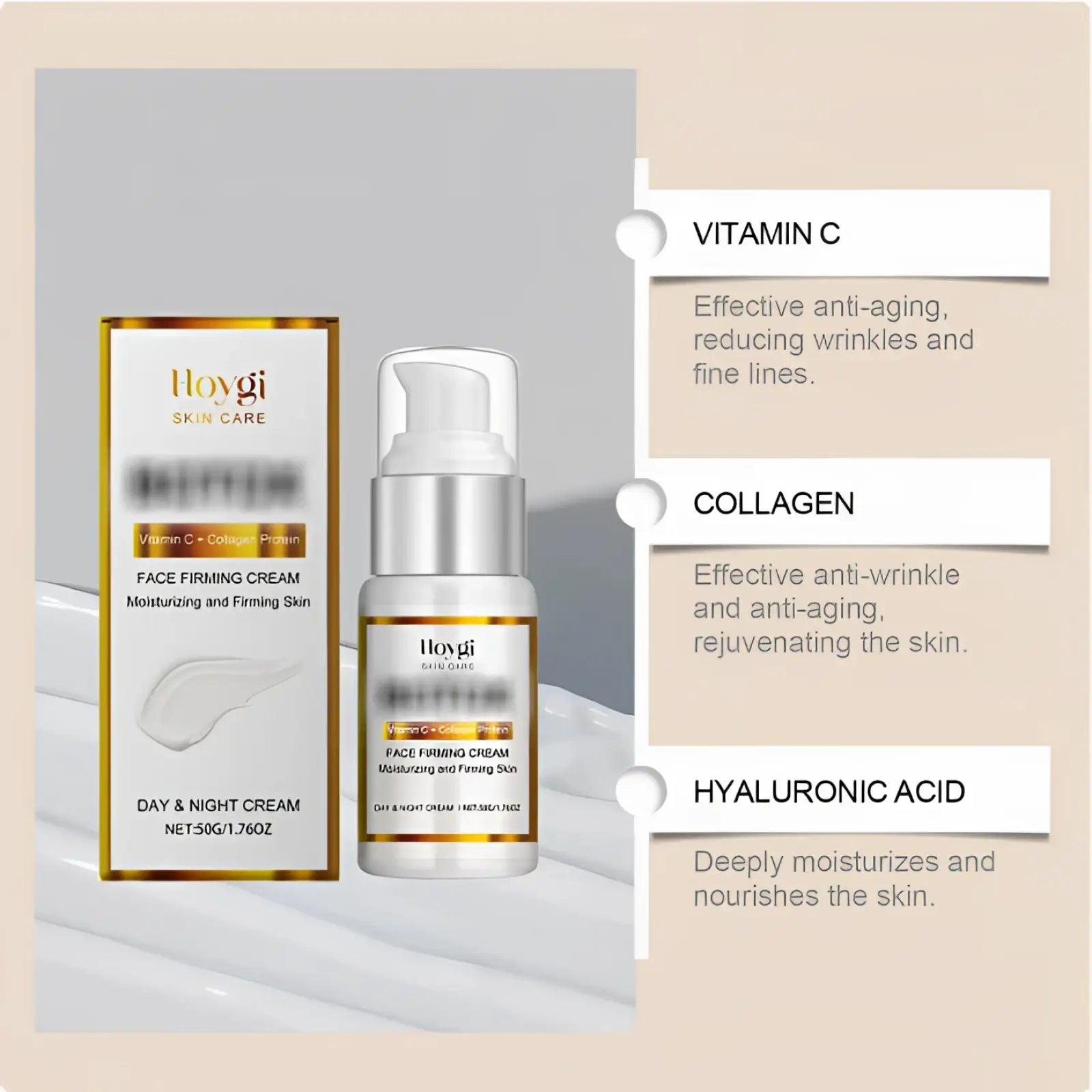 White and gold hoygi face firming cream bottle with pump dispenser containing vitamin c and collagen for skincare