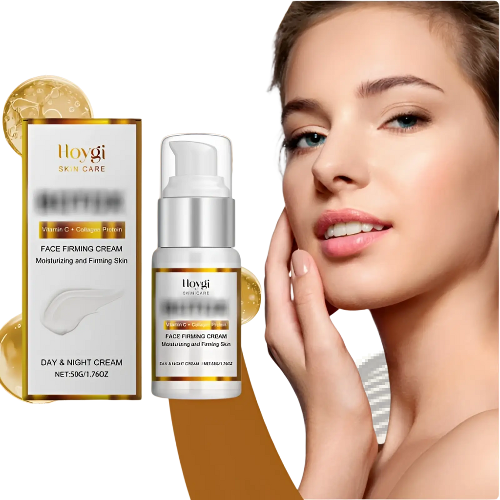White and gold Hovygi face firming cream bottle with silver pump dispenser containing vitamin C and collagen