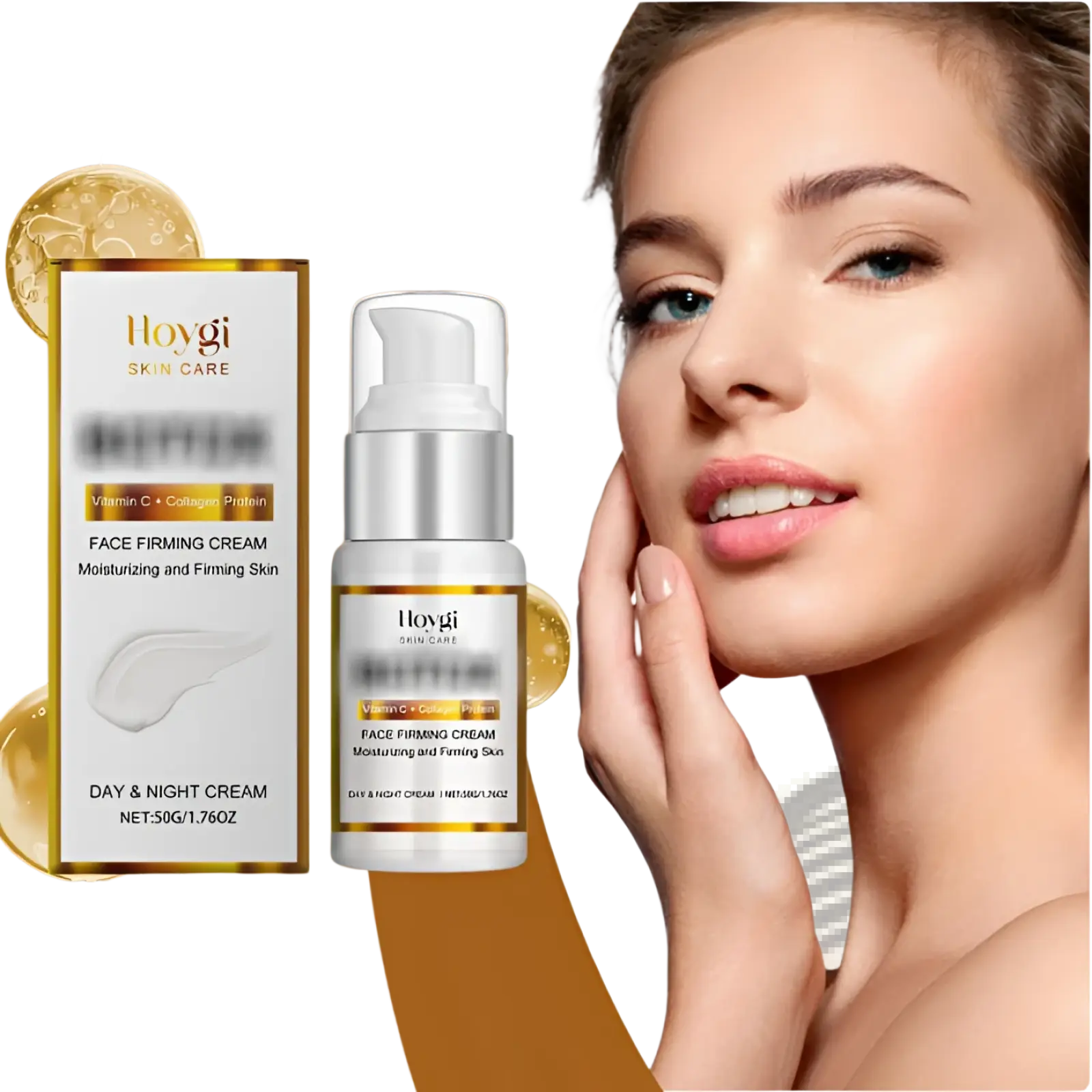 White and gold Hovygi face firming cream bottle with silver pump dispenser containing vitamin C and collagen