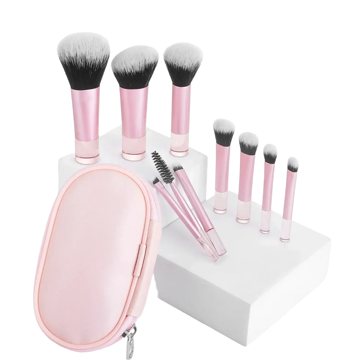 Pink makeup brush set with metallic handles and black and white bristles with matching pink case for face serum 100ml skin care