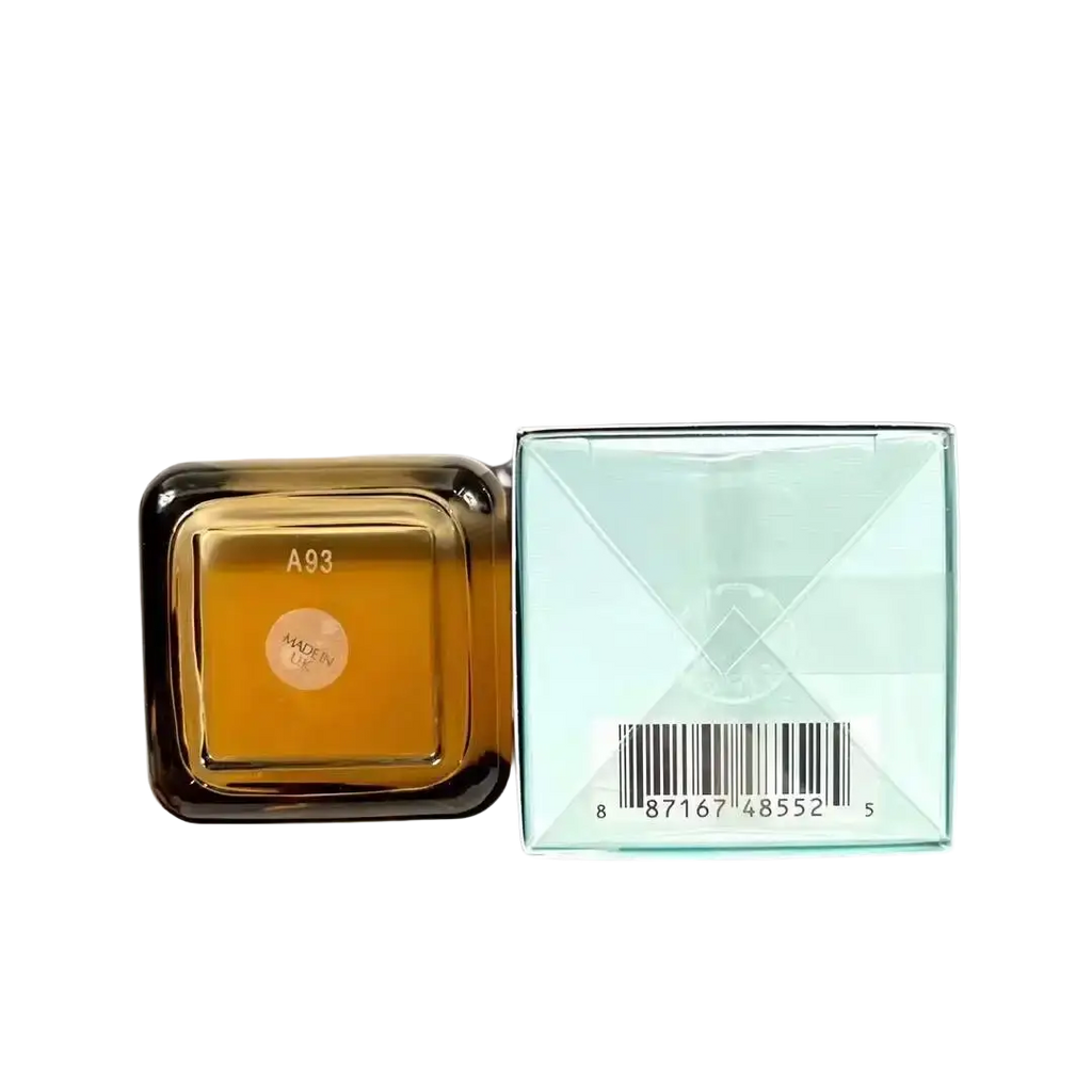 A square amber glass face serum 100ml bottle with black rim beside its light blue care face serum box for skin care