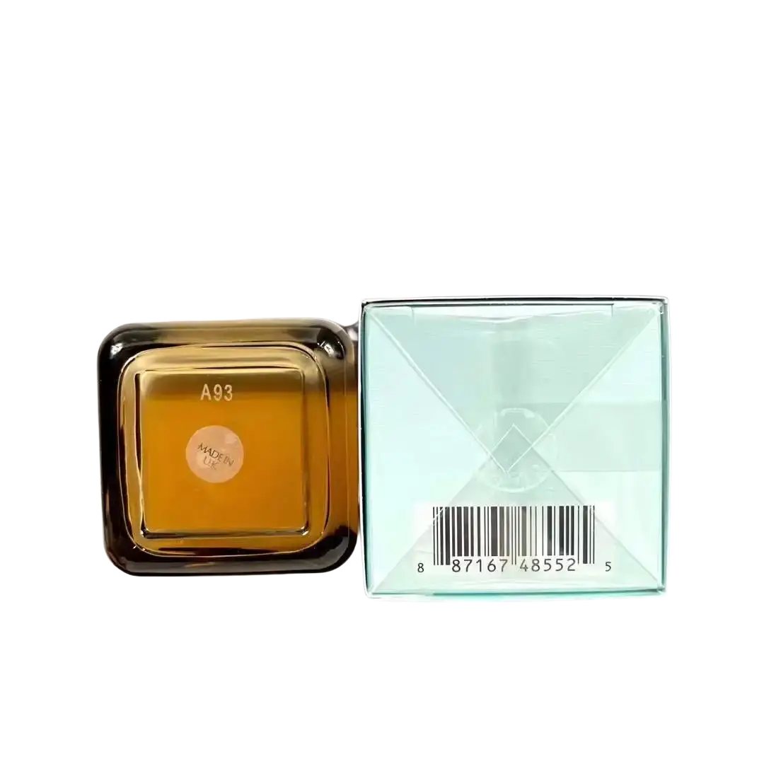 A square amber glass face serum 100ml bottle with black rim beside its light blue care face serum box for skin care