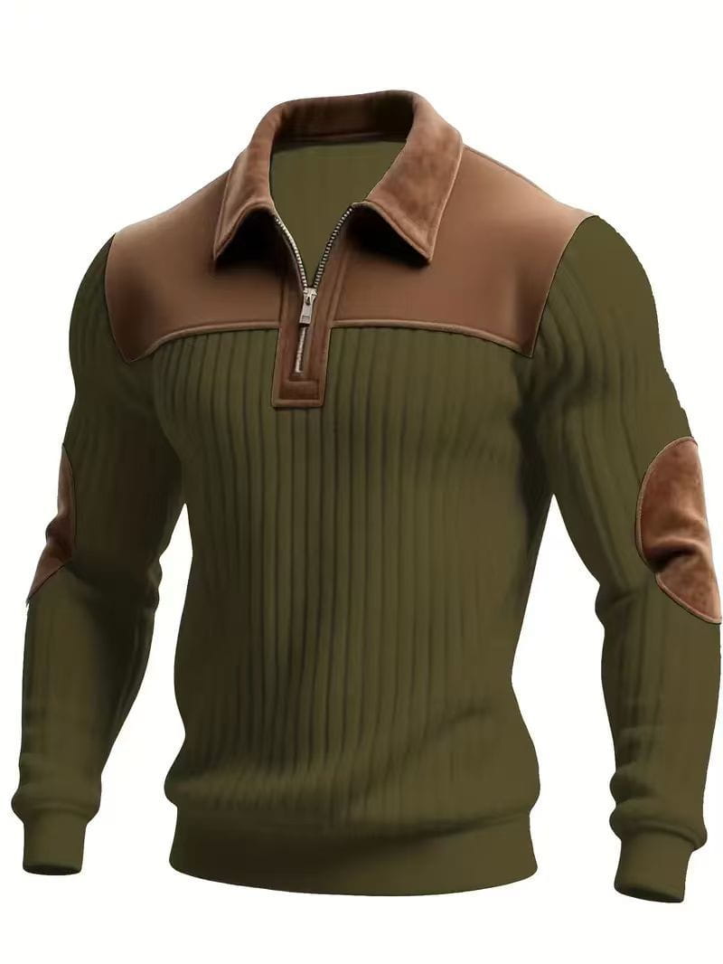 Men’s olive green ribbed knit sweater with brown suede collar shoulder panels and elbow patches featuring a half zip design.