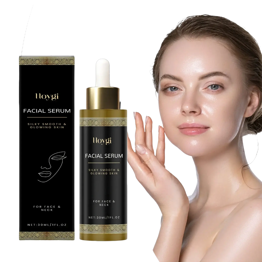 Black and gold Hoygi facial care essence moisturizing serum 30ml bottle with dropper cap and elegant gold trim