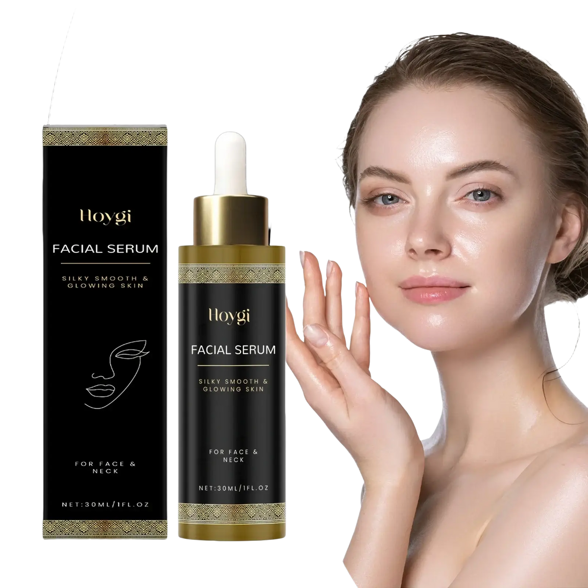 Black and gold Hoygi facial care essence moisturizing serum 30ml bottle with dropper cap and elegant gold trim