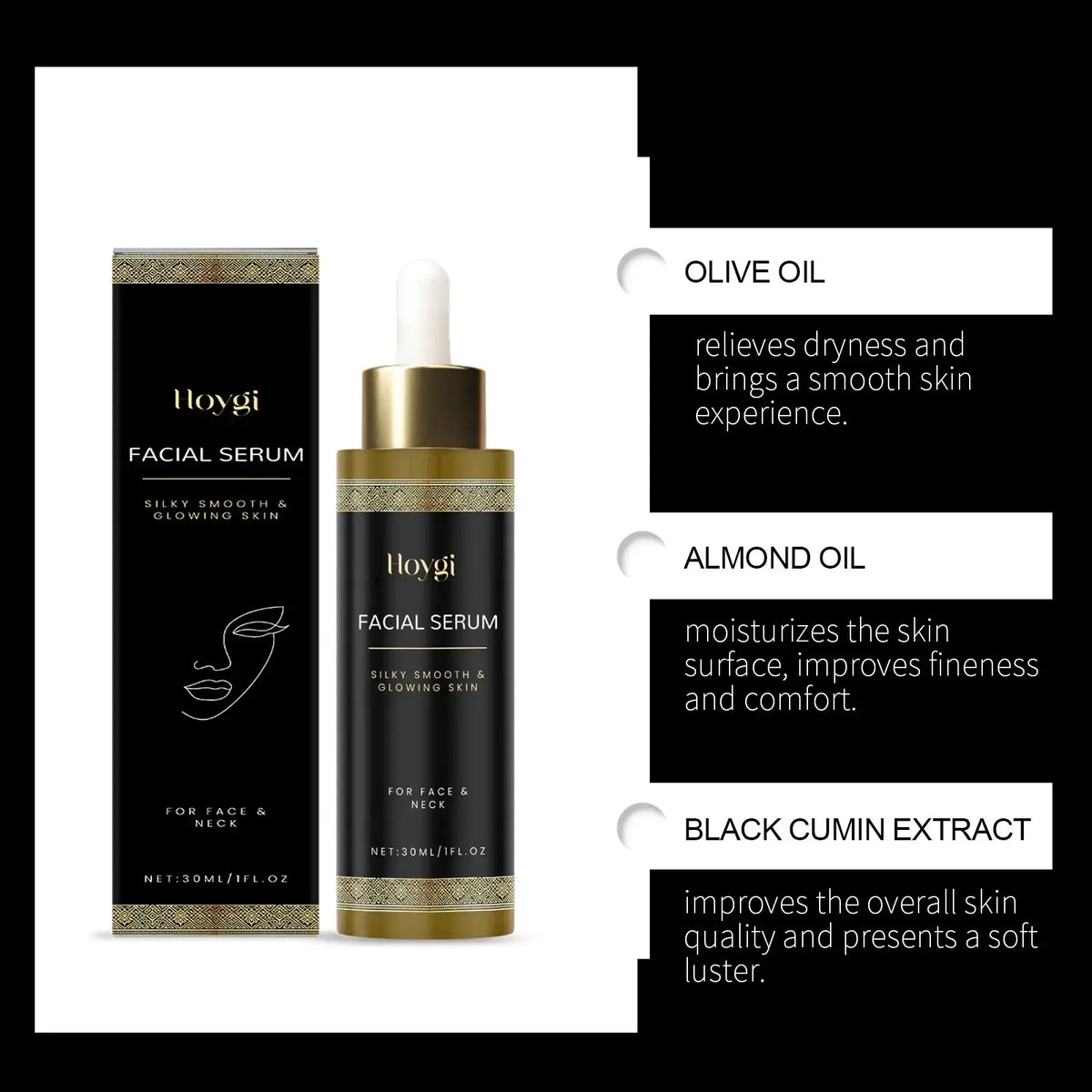 Black hloygi facial care essence moisturizing serum 30ml with gold accents and white dropper for glowing skin