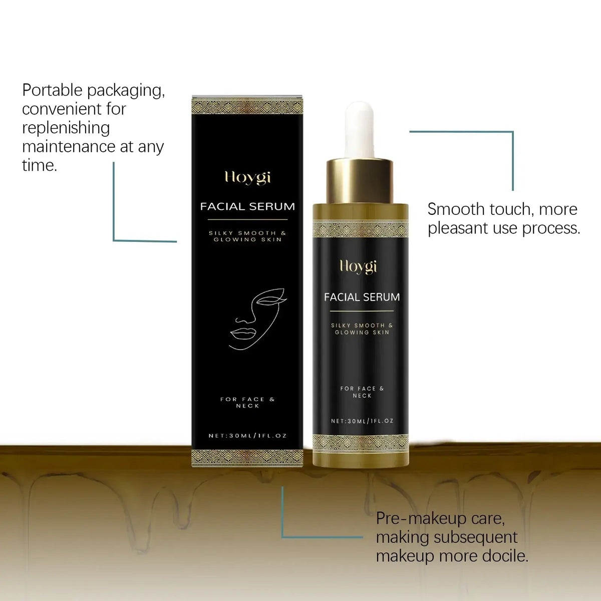 Black hoygi facial care essence moisturizing serum 30ml bottle with gold accents and white dropper for glowing skin