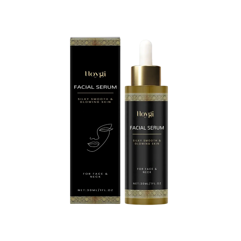 Black hoygi facial care essence moisturizing serum 30ml bottle with gold accents and white dropper displayed with matching box