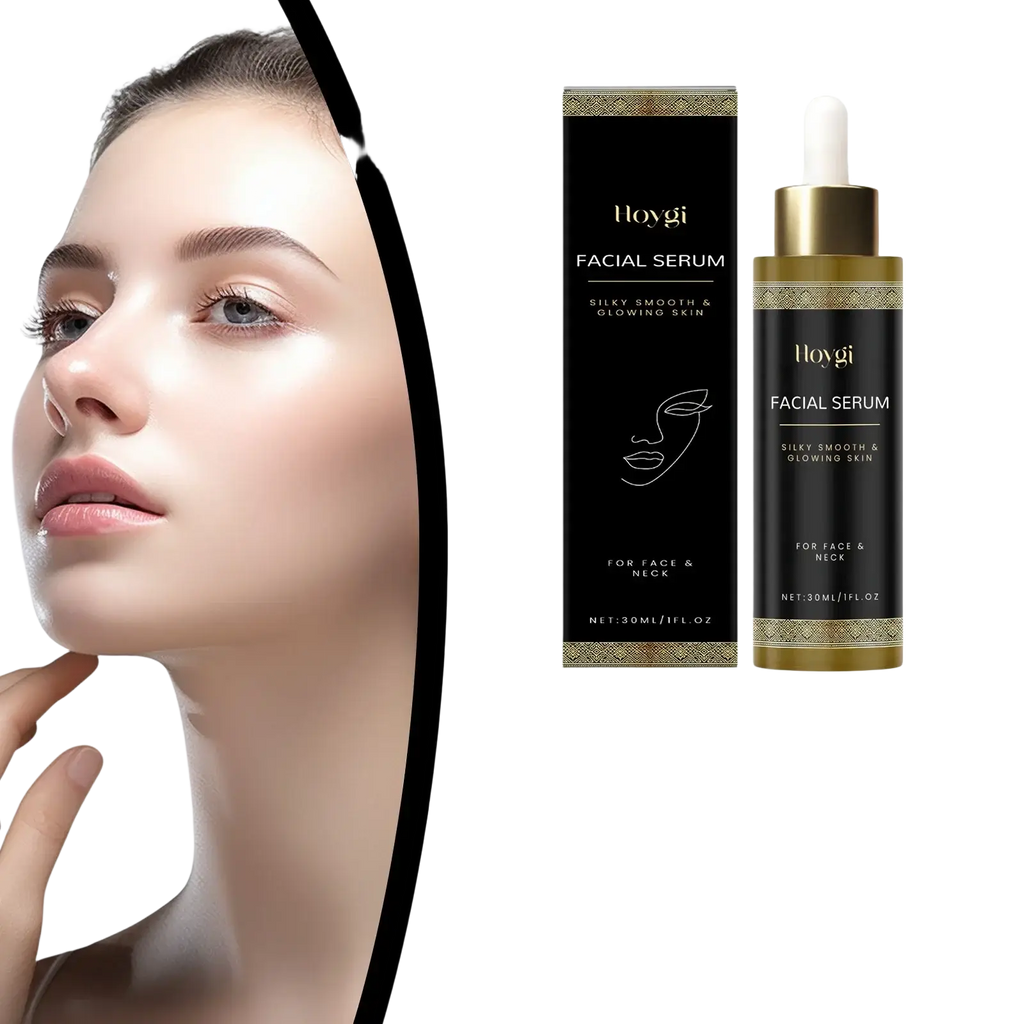 Hoygi facial care essence moisturizing serum 30ml in sleek black and gold bottle for glowing smooth skin with long shelf life