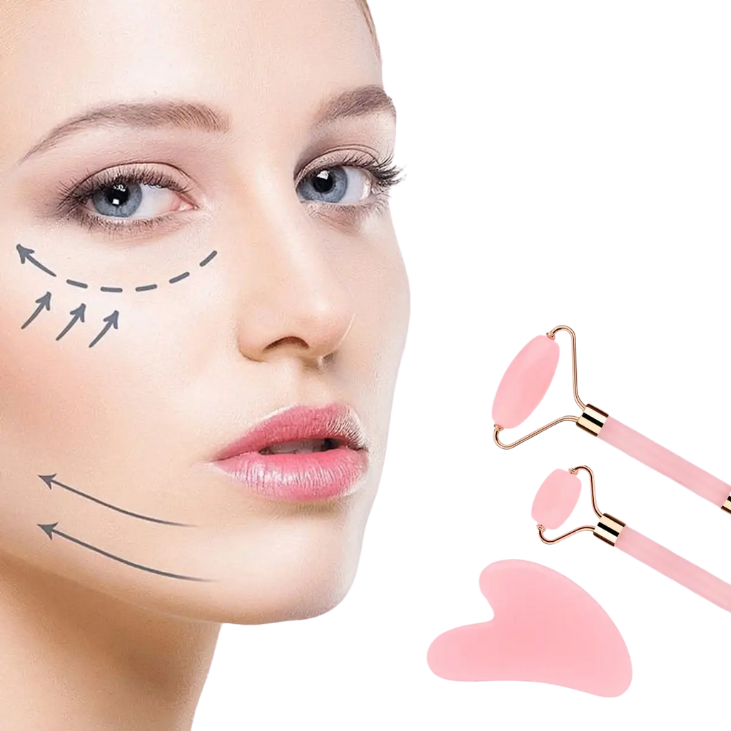 Facial clean pink jade roller set featuring a pink jade facial roller with gold-toned metal handles
