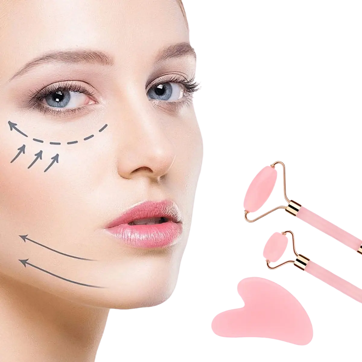 Facial clean pink jade roller set featuring a pink jade facial roller with gold-toned metal handles