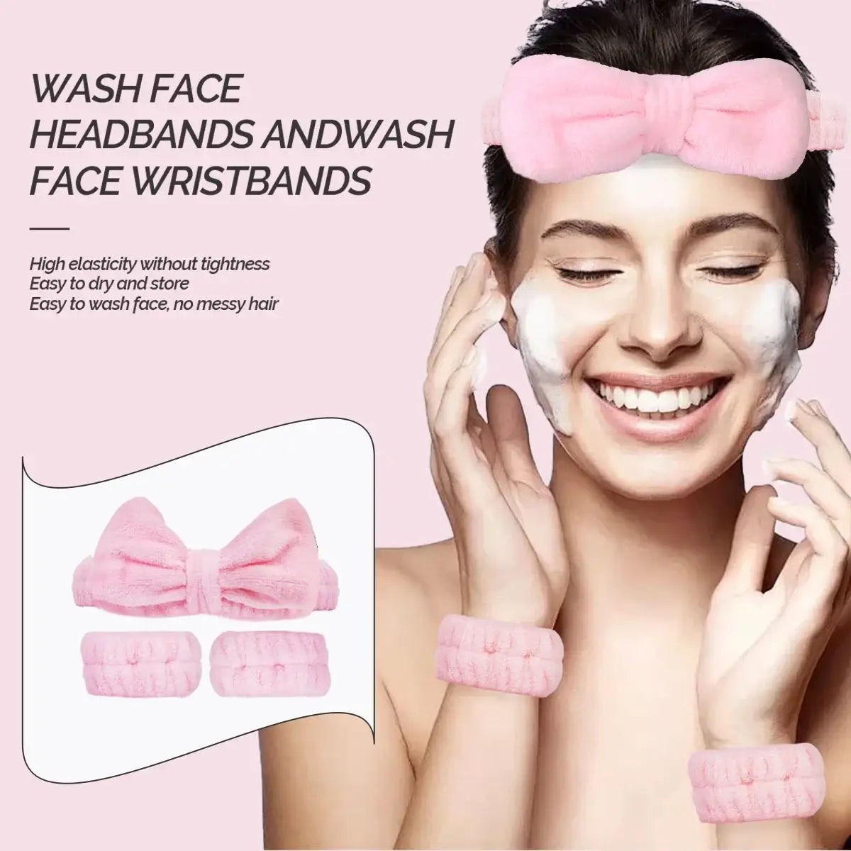 Facial clean pink fuzzy bow headband and wristbands set designed for gentle facial cleansing and skincare routines