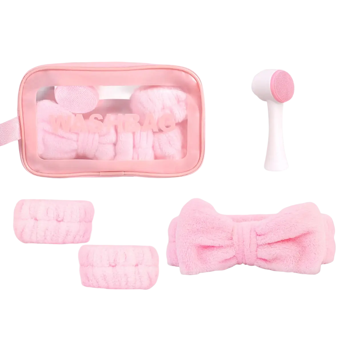 Pink plush facial clean kit featuring a matching bow headband and brush for gentle skincare routines