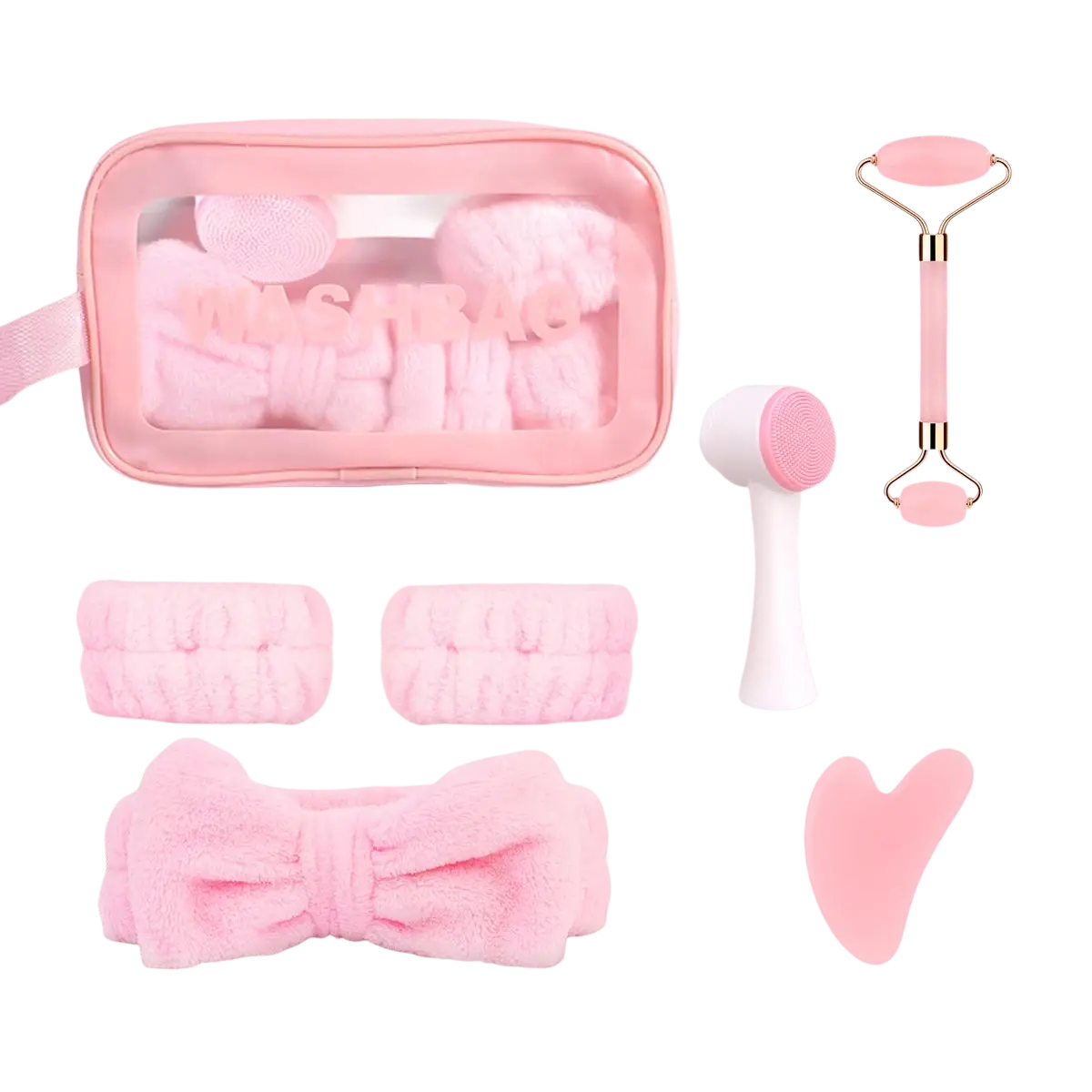 Pink plush bow headband included in facial clean pink jade roller set for comfortable skincare use