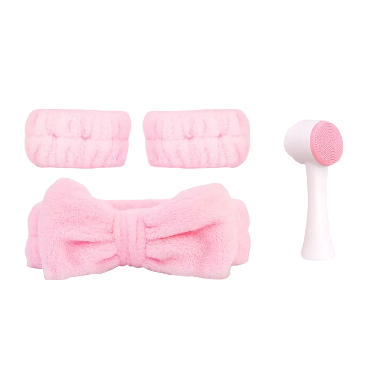 Pink plush microfiber headband set with bow design and matching pink silicone brush for facial clean routine