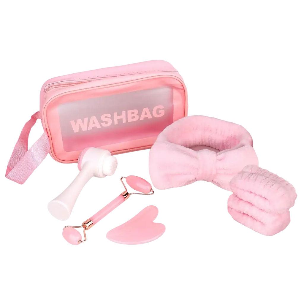 Facial clean pink jade roller set with pink silicone facial roller and rose gold accents for skincare massage