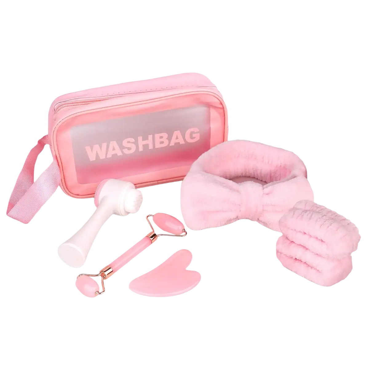 Facial clean pink jade roller set with pink silicone facial roller and rose gold accents for skincare massage