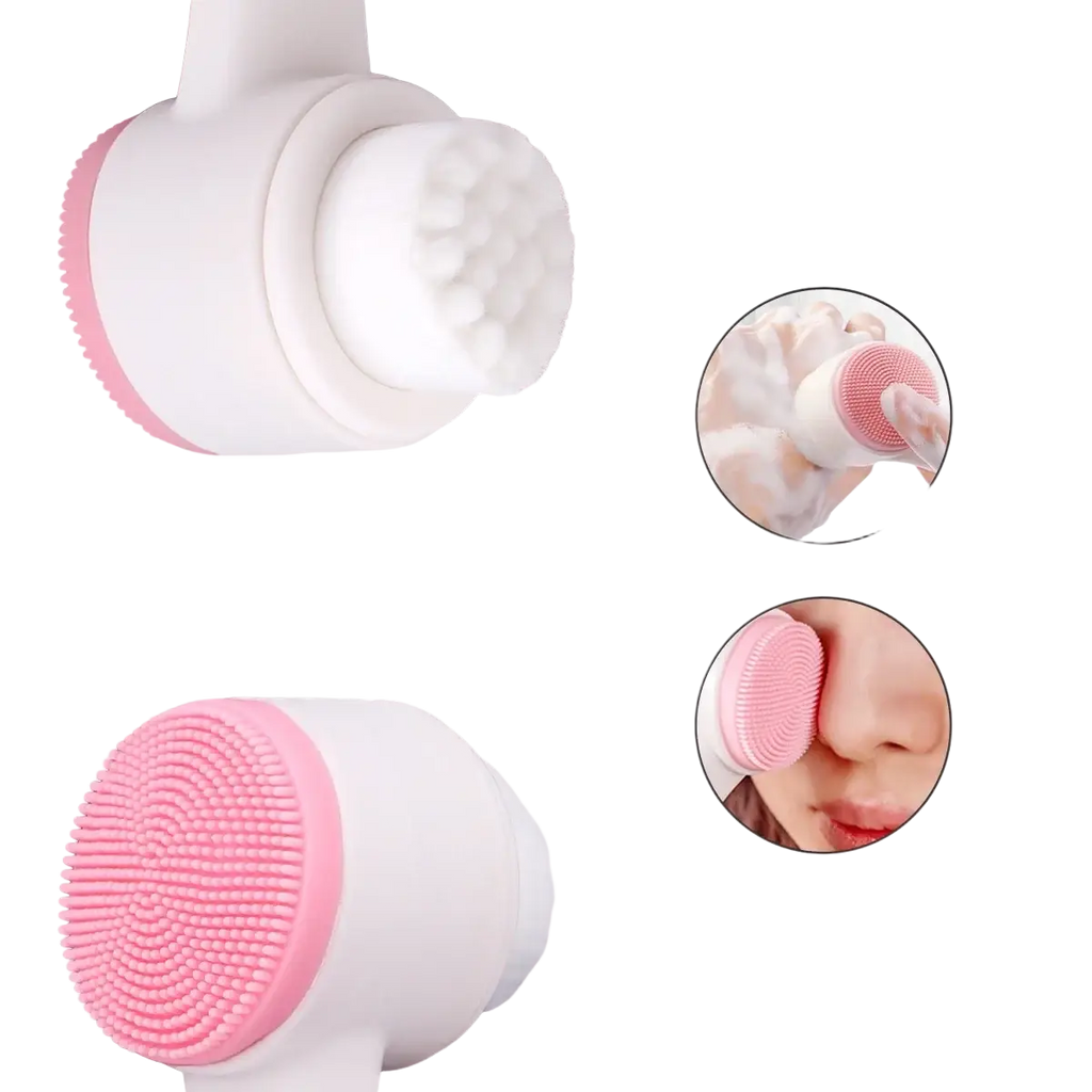 Pink and white silicone facial clean brush with dual-sided bristle heads for gentle skincare cleansing