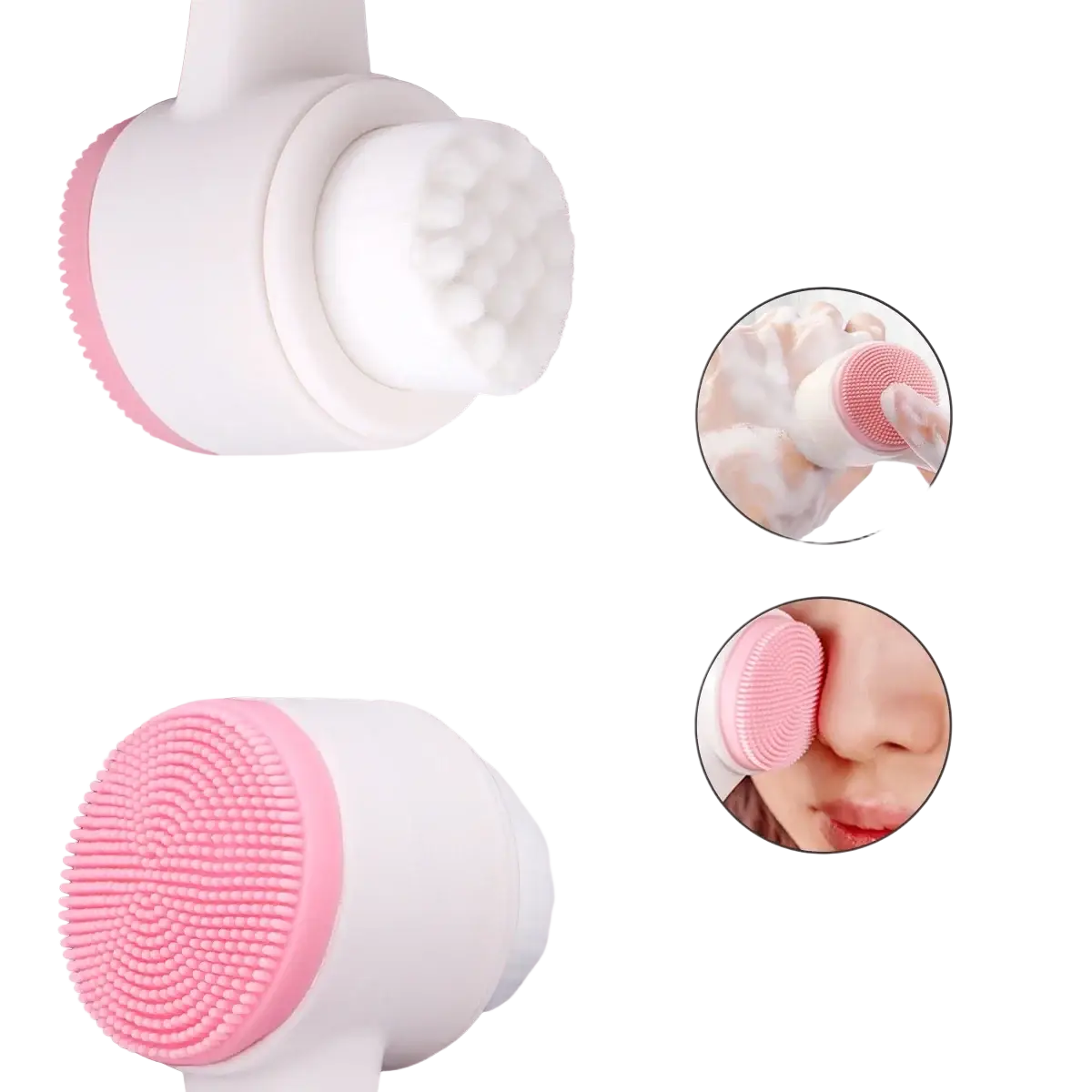 Pink and white silicone facial clean brush with dual-sided bristle heads for gentle skincare cleansing