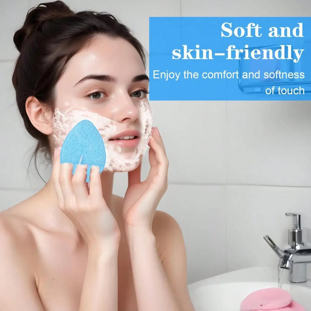 Blue teardrop-shaped facial cleansing sponge in a skincare set designed for gentle and effective daily use