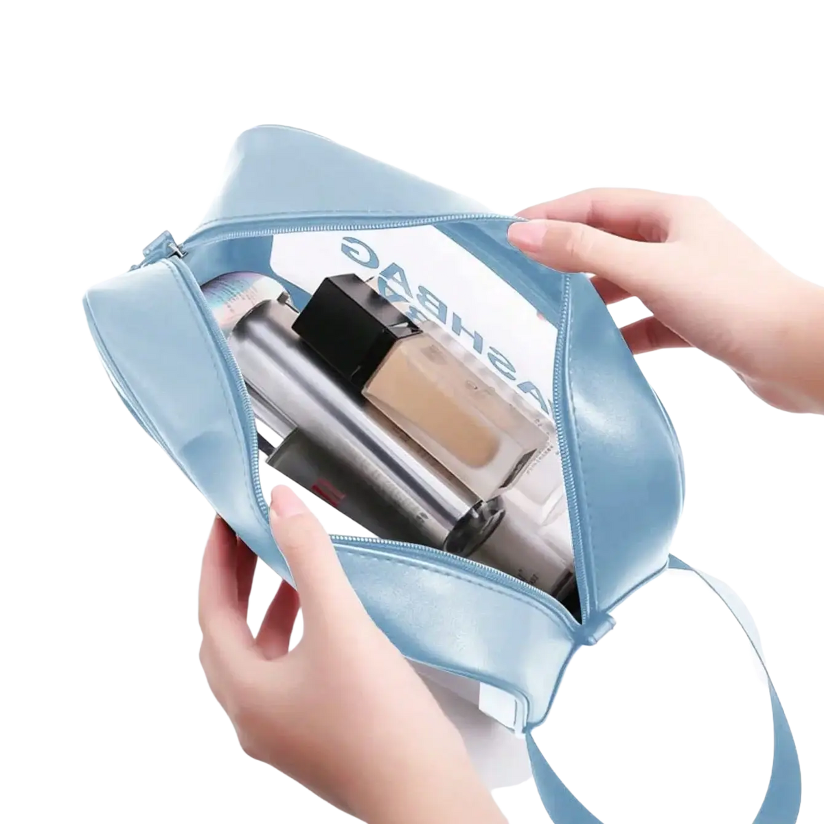 Light blue glossy fabric makeup bag with transparent front panel and adjustable strap for facial cleansing brush set