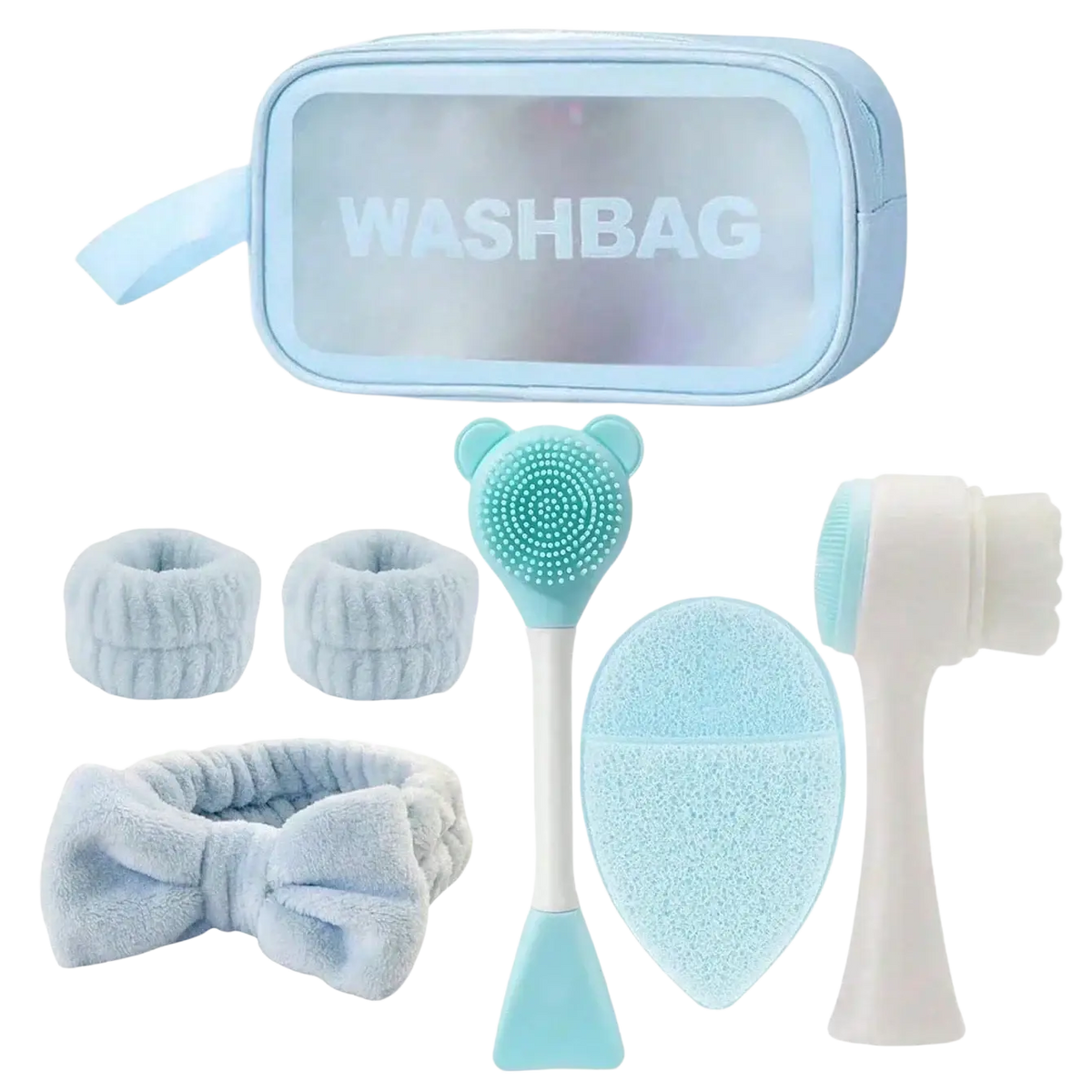 Light blue silicone and plastic facial cleansing brush with bear-shaped head in skincare set for gentle exfoliation