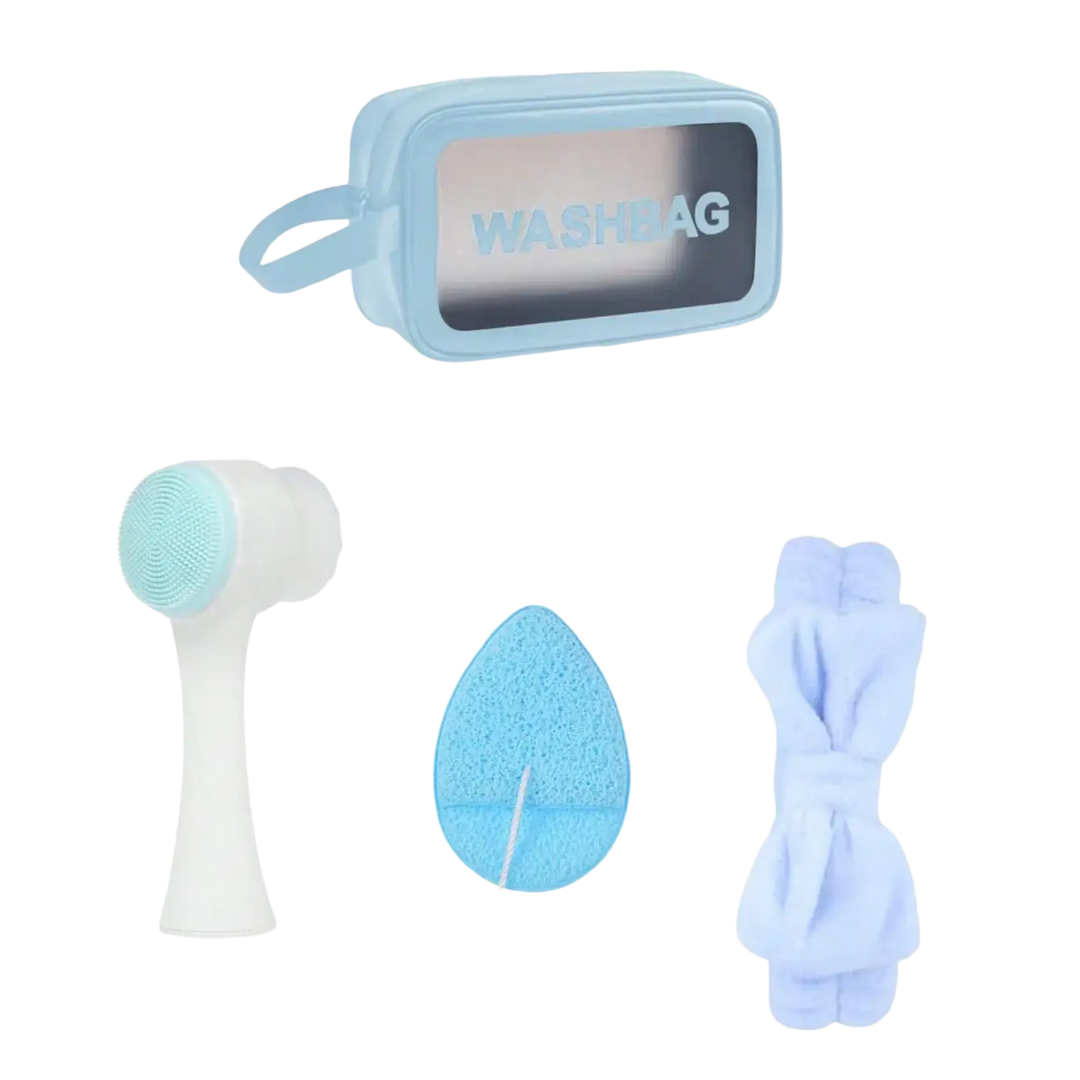Light blue silicone facial cleansing brush and skincare set washbag with transparent front panel and white handle for travel