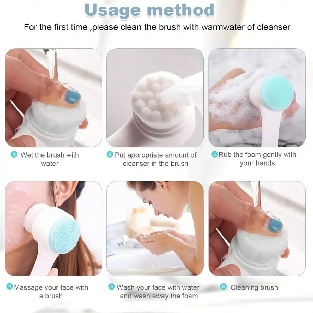 Light blue silicone facial cleansing brush with white handle in skincare set for gentle and effective facial cleansing