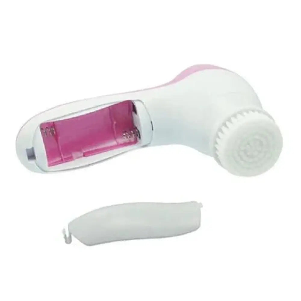 Rechargeable electric facial cleansing brush in white and pink with soft bristle head and detachable handle for massaging