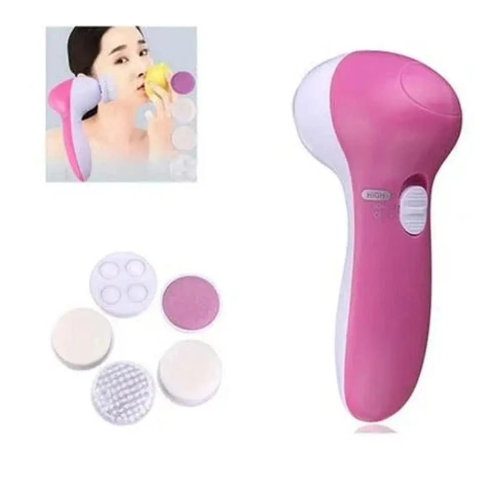 Pink and white rechargeable electric facial cleansing brush and massager with interchangeable circular attachments for deep cleaning