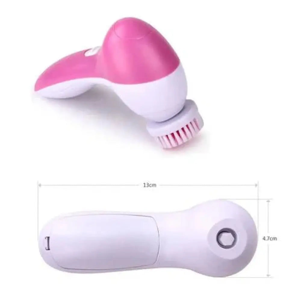 Rechargeable electric facial cleansing brush and massager in pink and white with soft bristles for gentle skin care