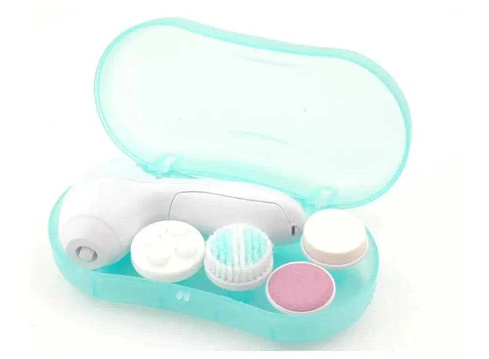 Rechargeable electric white facial cleansing brush and massager with interchangeable attachments in teal carrying case