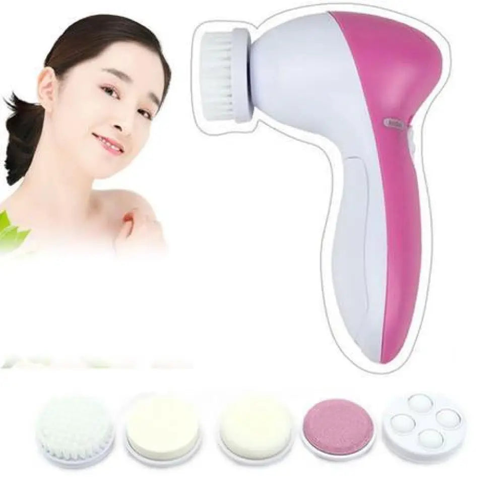 Rechargeable electric facial cleansing brush and massager in pink and white with interchangeable silicone heads for deep cleansing