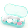 Rechargeable electric facial cleansing brush and massager set in white and teal with interchangeable pink blue and beige heads