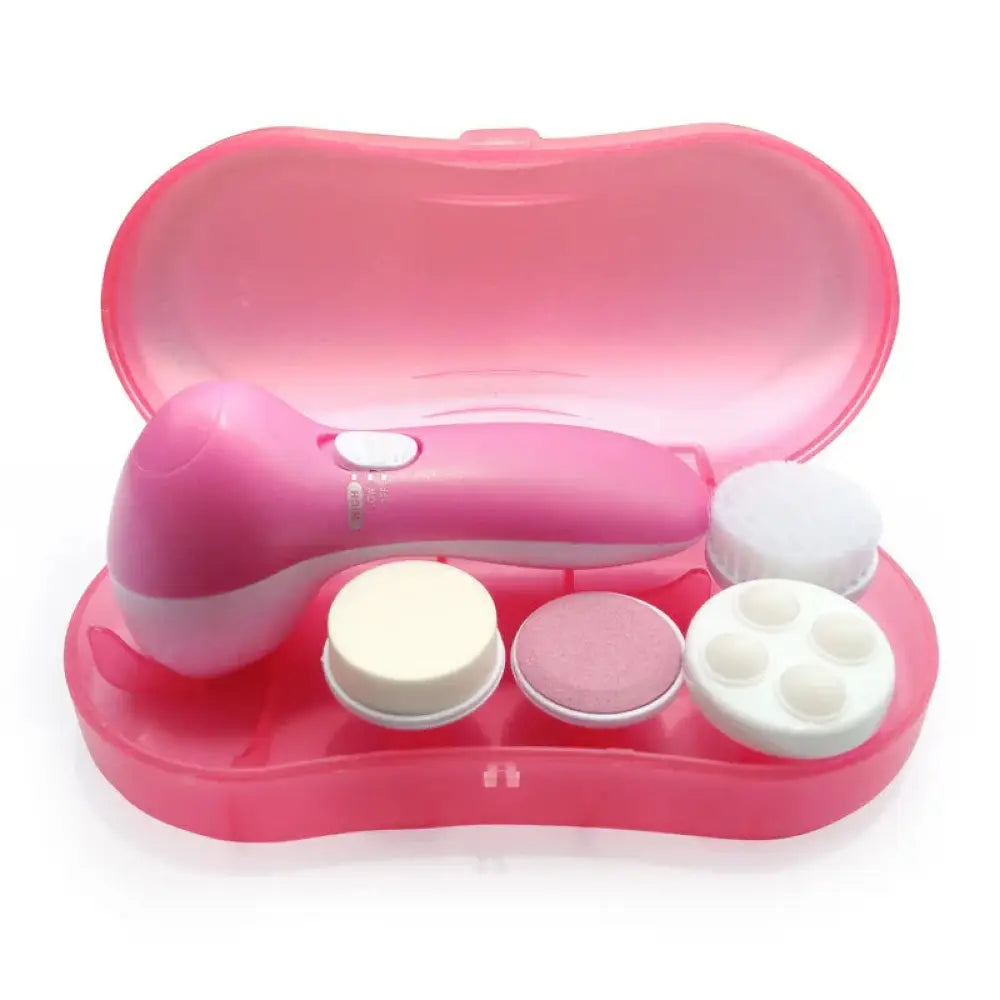 Rechargeable electric facial cleansing brush and massager in pink with interchangeable heads and matching pink case