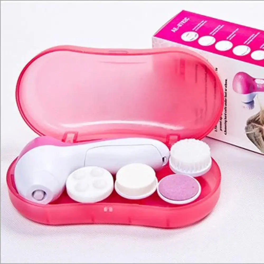 Rechargeable electric facial cleansing brush and massager set in pink and white with interchangeable heads for gentle exfoliation