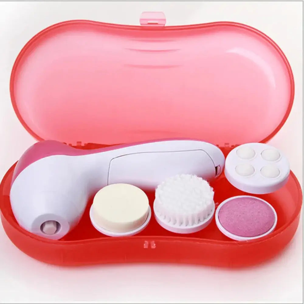 Rechargeable electric facial cleansing brush and massager set with pink and white device and interchangeable heads in red case