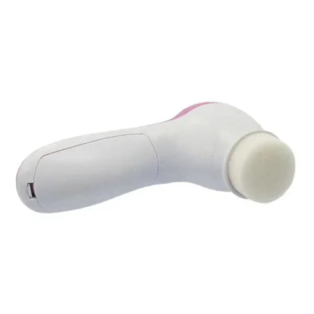 Rechargeable electric facial cleansing brush and massager with a soft rounded white and pink head for gentle skincare