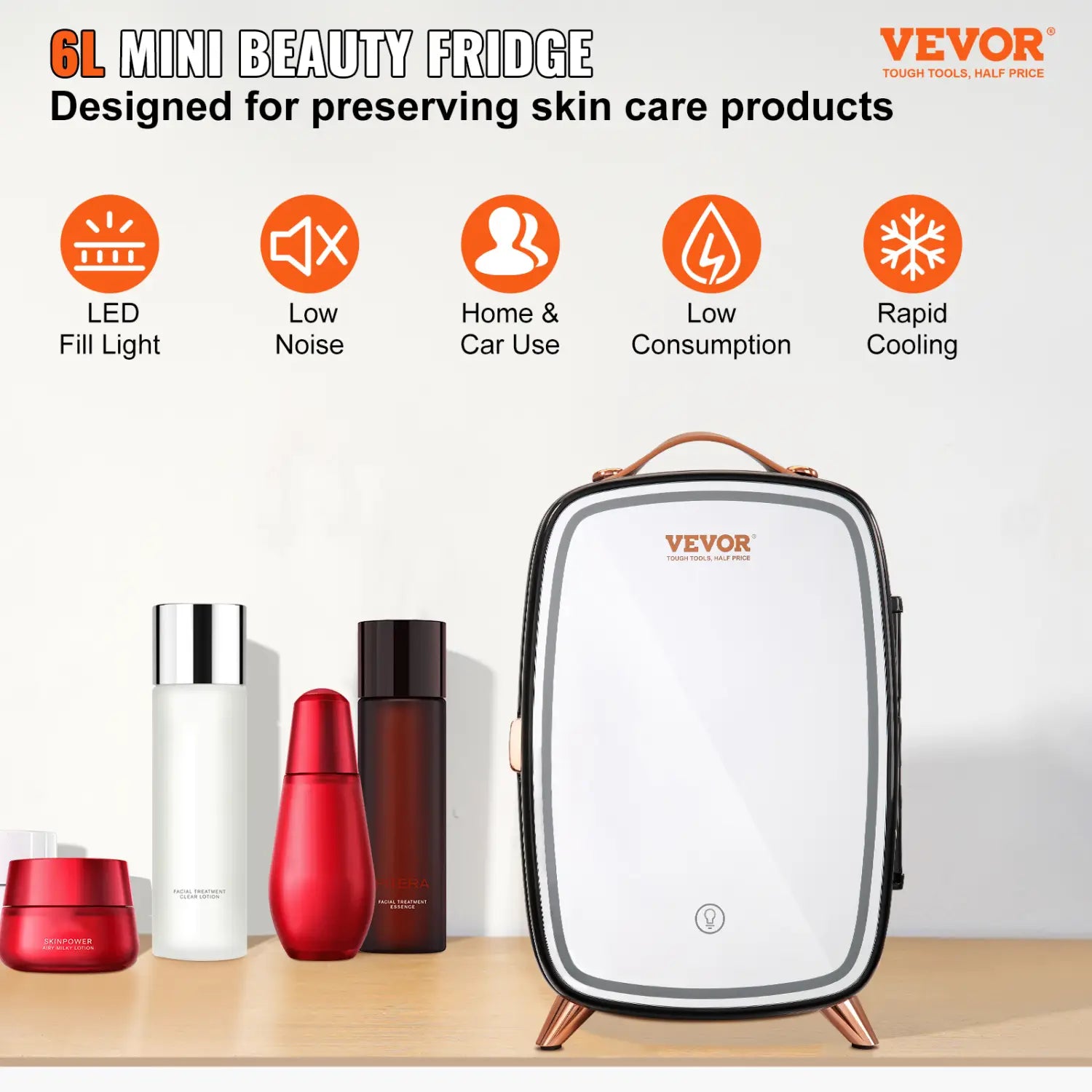 Réfrigérateur Vevor 6 l pour soins de la peau en blanc et noir, avec des touches or rose, des pieds, une poignée et un miroir à LED de couleur cuivre, pour le rangement des produits de beauté.