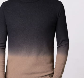 Gradient turtleneck sweater for men featuring a black-to-beige knit design with ribbed cuffs and hem and fleece lining for warmth.