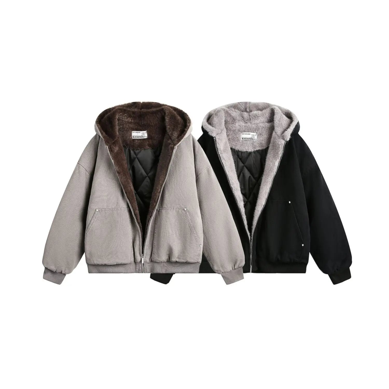 Abrigos acolchados de invierno de algodón con capucha y forro de piel sintética en color gris y negro para hombre y mujer, con capuchas contrastantes y acolchadas en tonos marrón y gris.