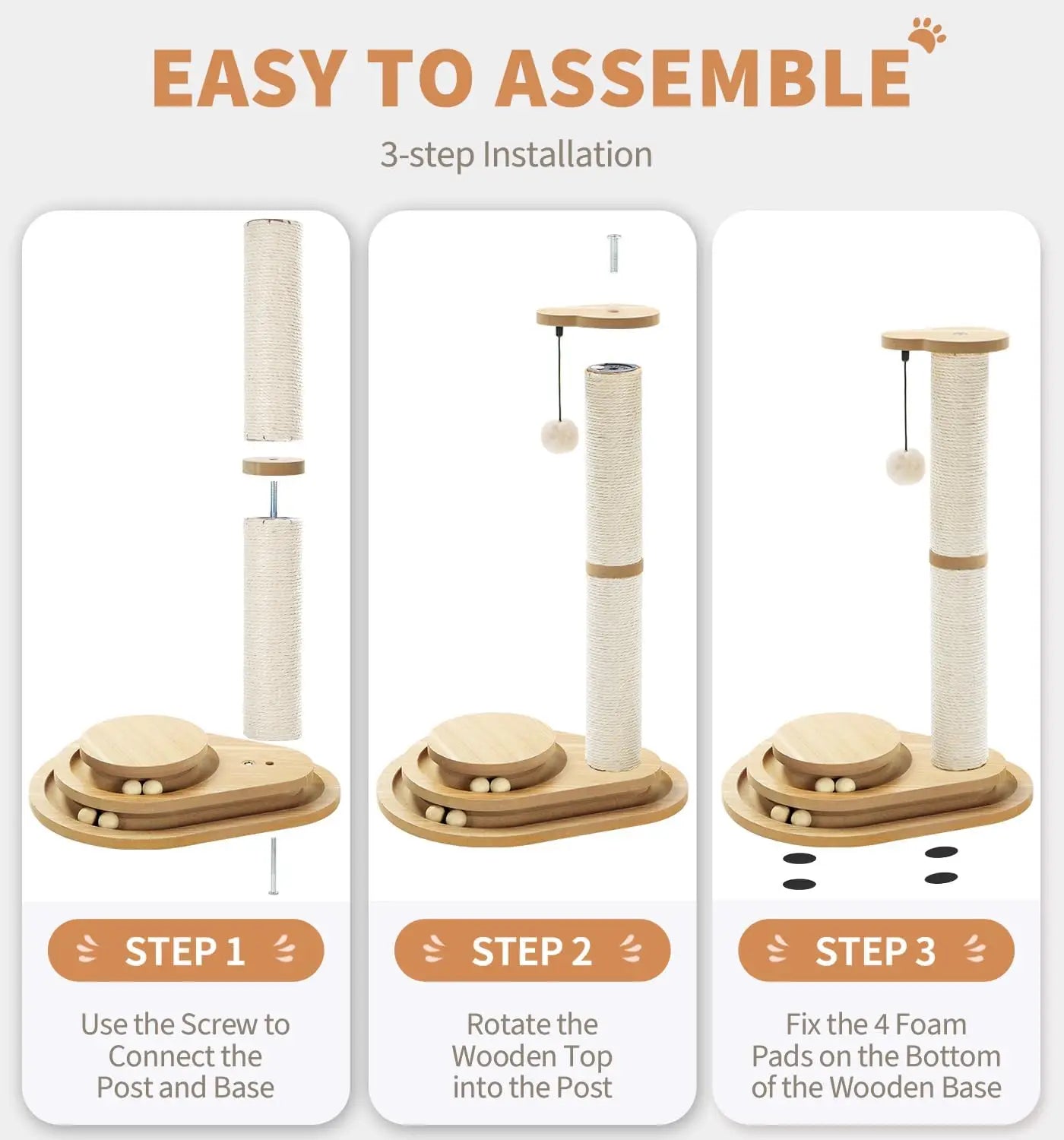 Cute modern wooden cat scratching post with beige sisal rope wrapping and a dangling white ball toy.